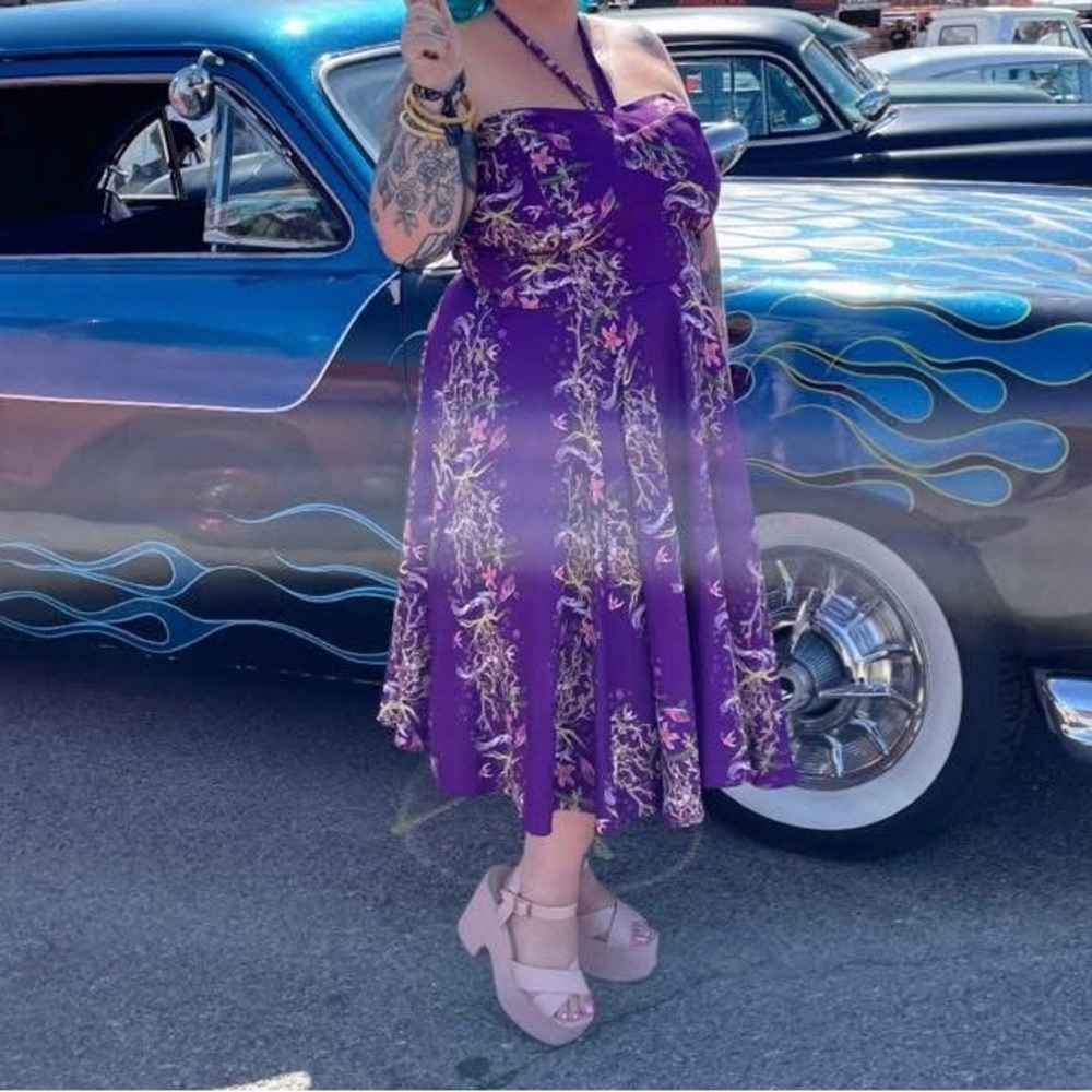 Serena Swing Dress in Purple Under the Sea Print on Crepe, Laura Byrnes Design